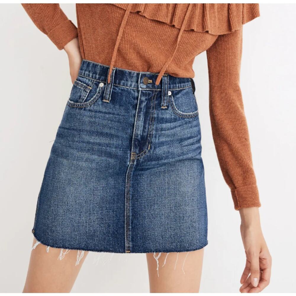 Madewell Raw Hem Rigid Denim Straight Mini Skirt Maxdale Wash Blue Size 28